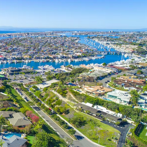 Aerial view of Orange County showing the city and beach coastline from above