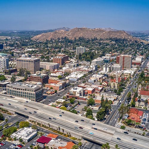 Aerial view of Riverside city in the Inland Empire, California
