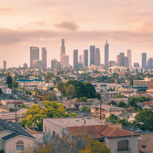 Daytime view of Downtown Los Angeles city skyline in California